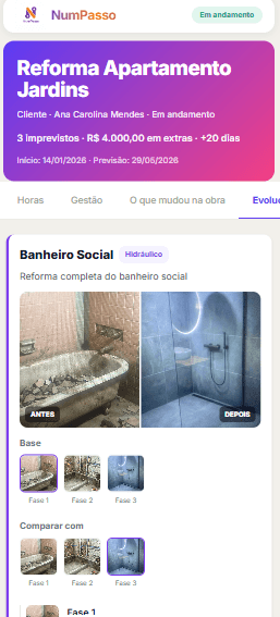 Evolução do local — antes e depois alinhados no app