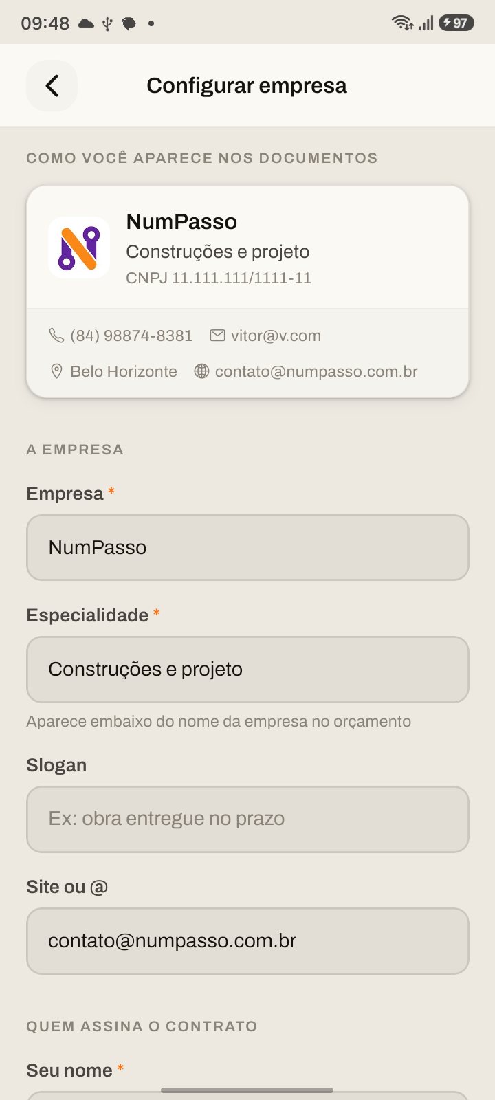 Configurar empresa: nome, especialidade e slogan que saem em todo papel