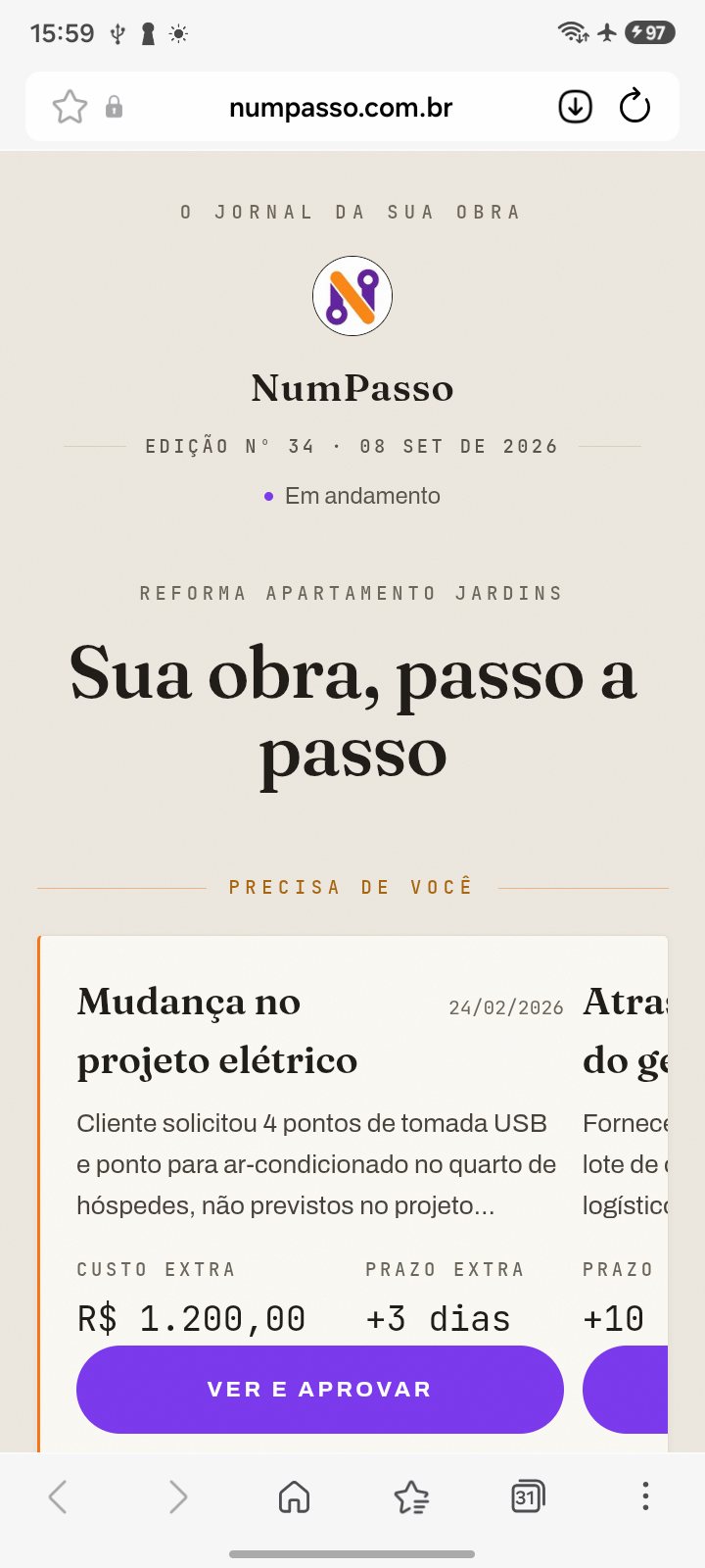 O jornal da obra, aberto pelo cliente no navegador: o que precisa dele, andamento, fotos da semana