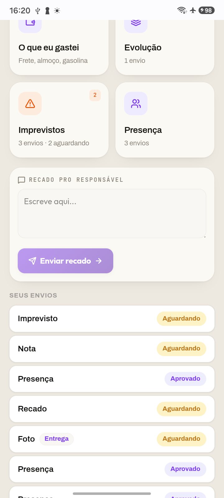 O link da equipe, aberto no navegador: o que gastei, evolução, imprevistos, presença, recado e os envios do dia