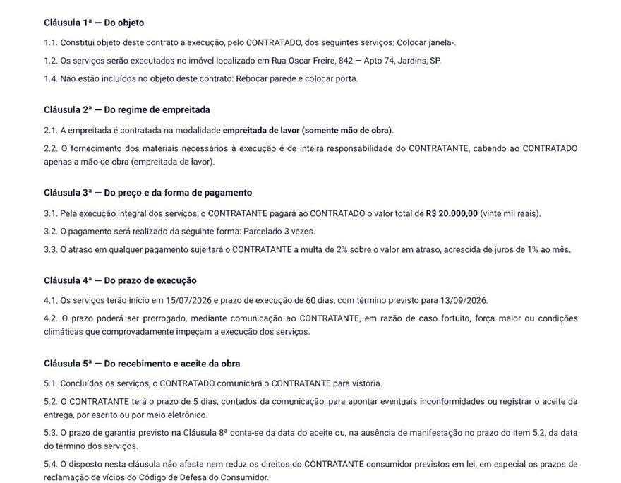 O contrato de empreitada real em PDF, aberto nas cláusulas de preço, prazo e aceite