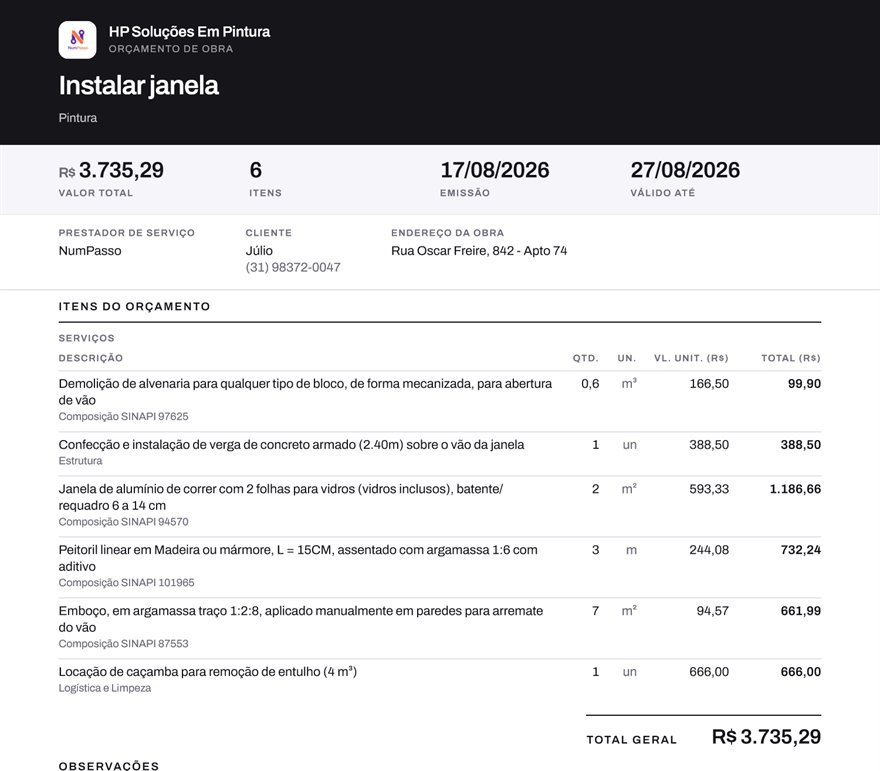 O orçamento real em PDF: itens com referência SINAPI, serviços, mão de obra e materiais