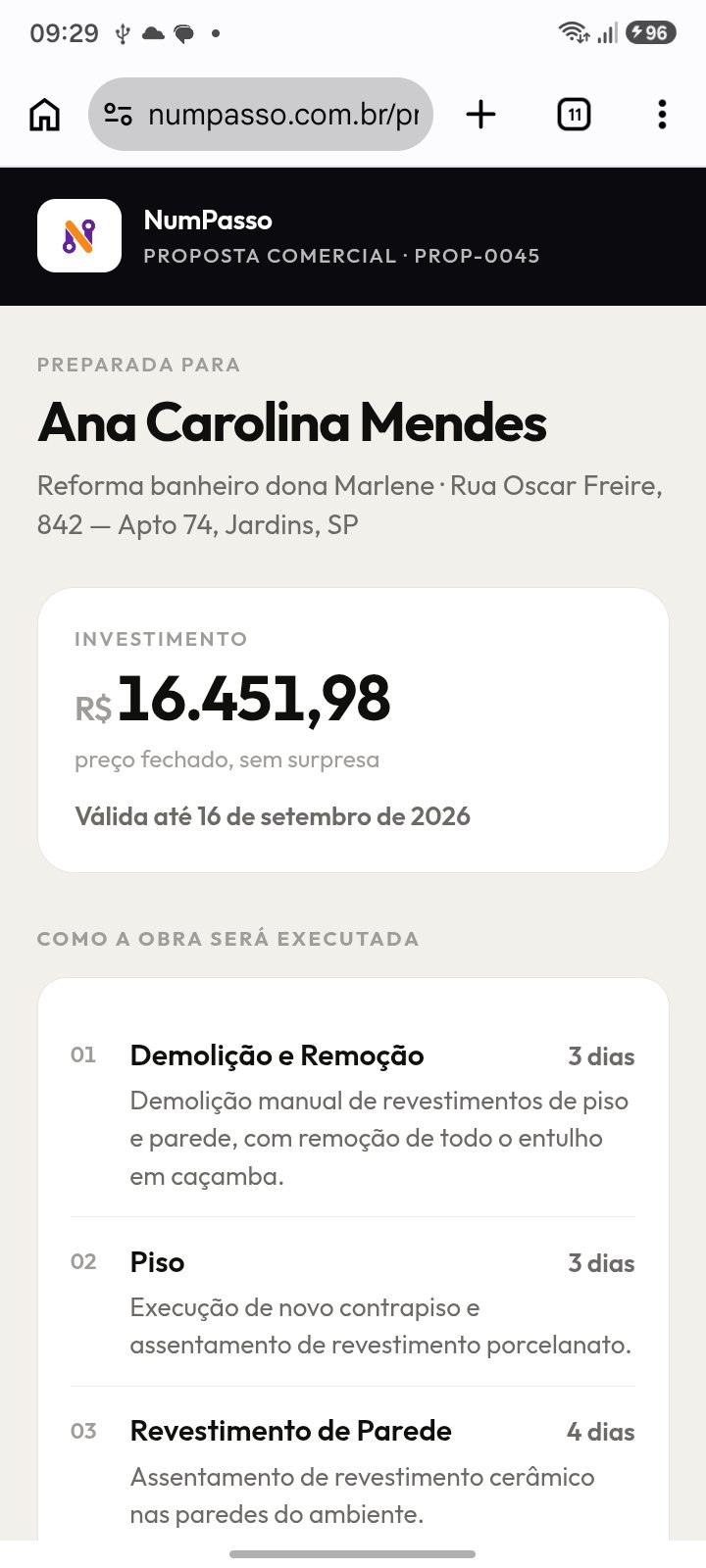A proposta como o cliente abre pelo link: a marca do empreiteiro, o investimento fechado e a validade