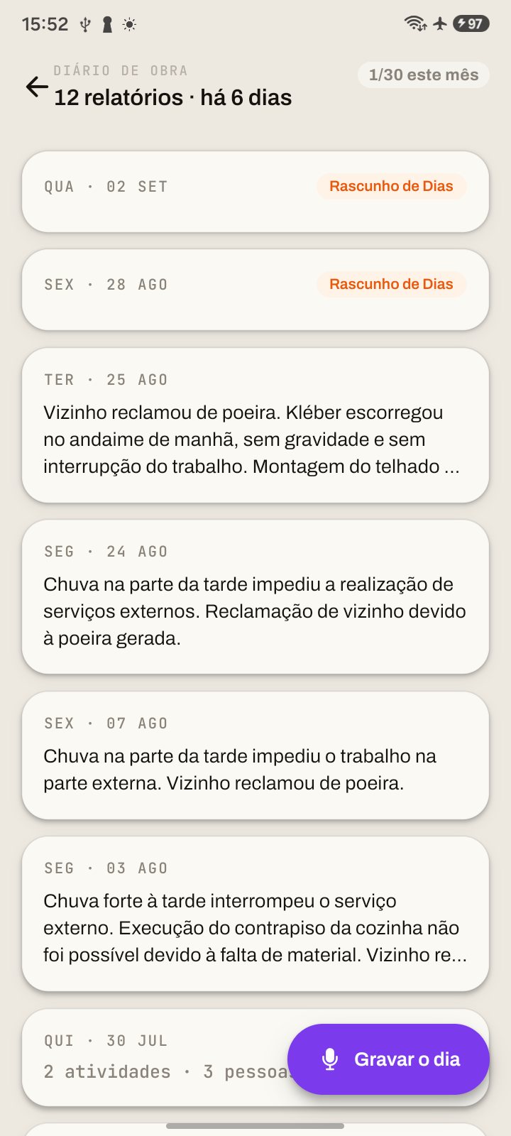 A obra documentada: a lista dos relatórios diários, dia a dia